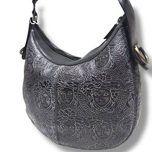 Vintage Versace Black Embossed Medusa Black Leather Women's Hobo Shoulder Bag